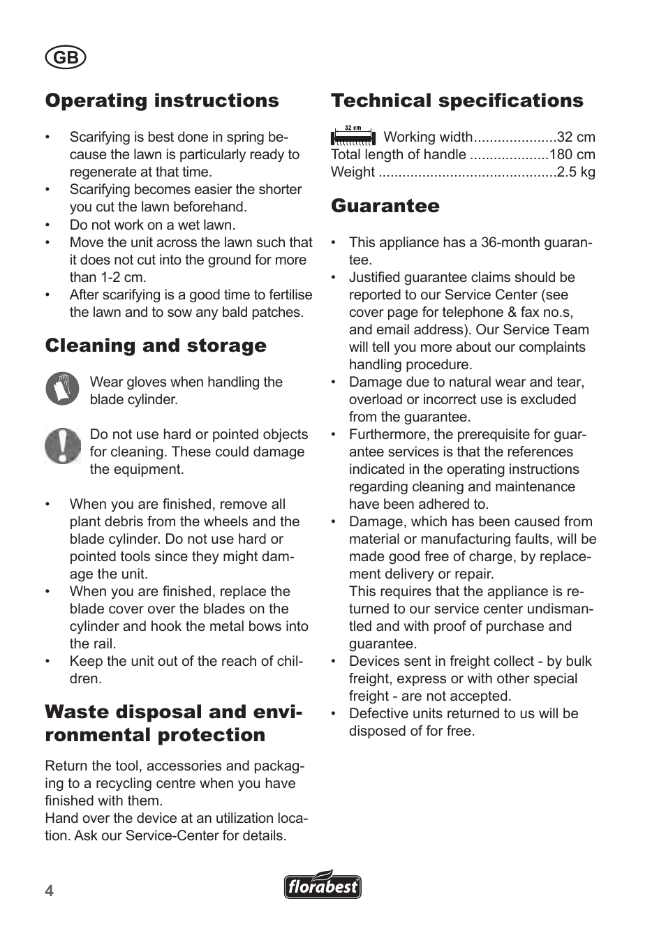 Operating instructions, Cleaning and storage, Waste disposal and envi- ronmental protection | Technical specifications, Guarantee | Florabest FHV 32 A1 User Manual | Page 4 / 20