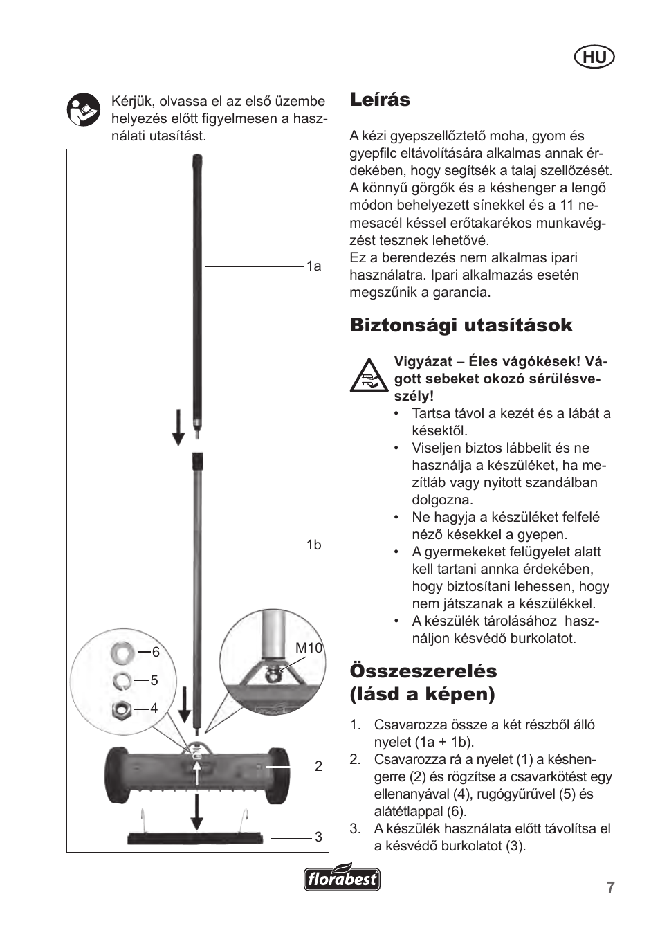 Leírás, Biztonsági utasítások, Összeszerelés (lásd a képen) | Florabest FHV 32 A1 User Manual | Page 7 / 20