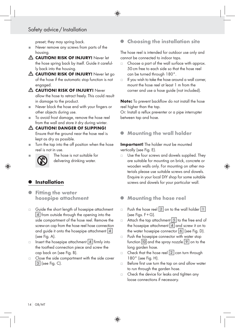 Safety advice / installation, Installation, Fitting the water hosepipe attachment | Choosing the installation site, Mounting the wall holder, Mounting the hose reel | Florabest Wall-Mounted Hose Box User Manual | Page 12 / 19