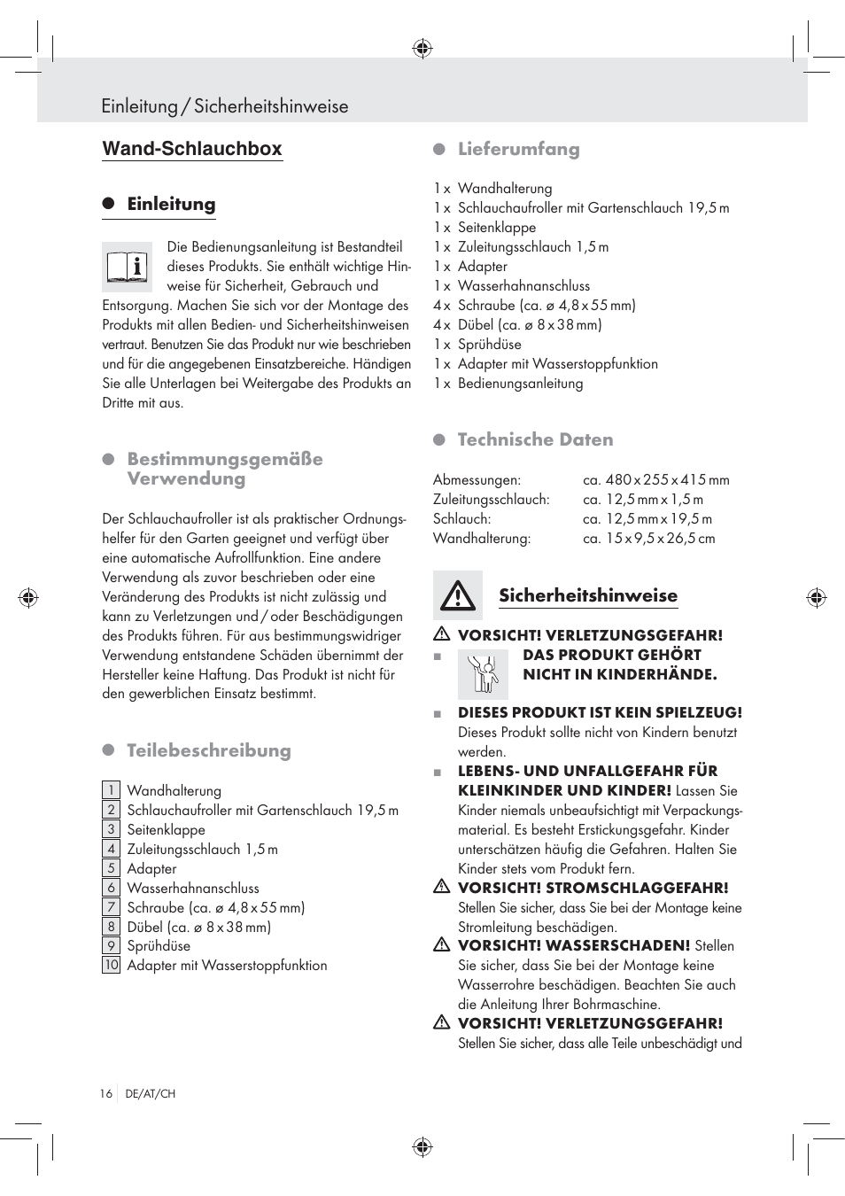 Einleitung / sicherheitshinweise, 7and 3chlauchbox, Einleitung | Bestimmungsgemäße verwendung, Teilebeschreibung, Lieferumfang, Technische daten, Sicherheitshinweise | Florabest Wall-Mounted Hose Box User Manual | Page 14 / 19