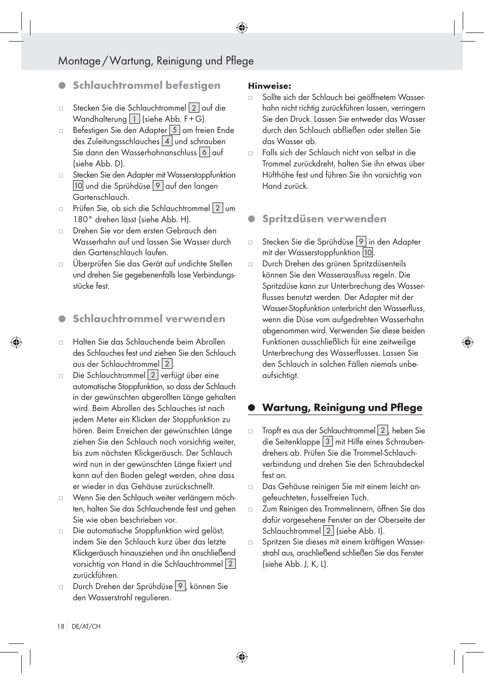 Montage / wartung, reinigung und pflege, Schlauchtrommel befestigen, Schlauchtrommel verwenden | Spritzdüsen verwenden, Wartung, reinigung und pﬂege | Florabest Wall-Mounted Hose Box User Manual | Page 16 / 19