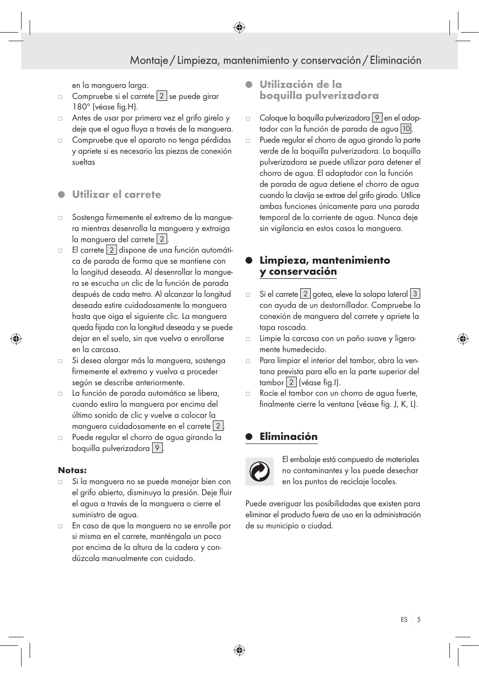 Utilizar el carrete, Utilización de la boquilla pulverizadora, Limpieza, mantenimiento y conservación | Eliminación | Florabest Wall-Mounted Hose Box User Manual | Page 3 / 19