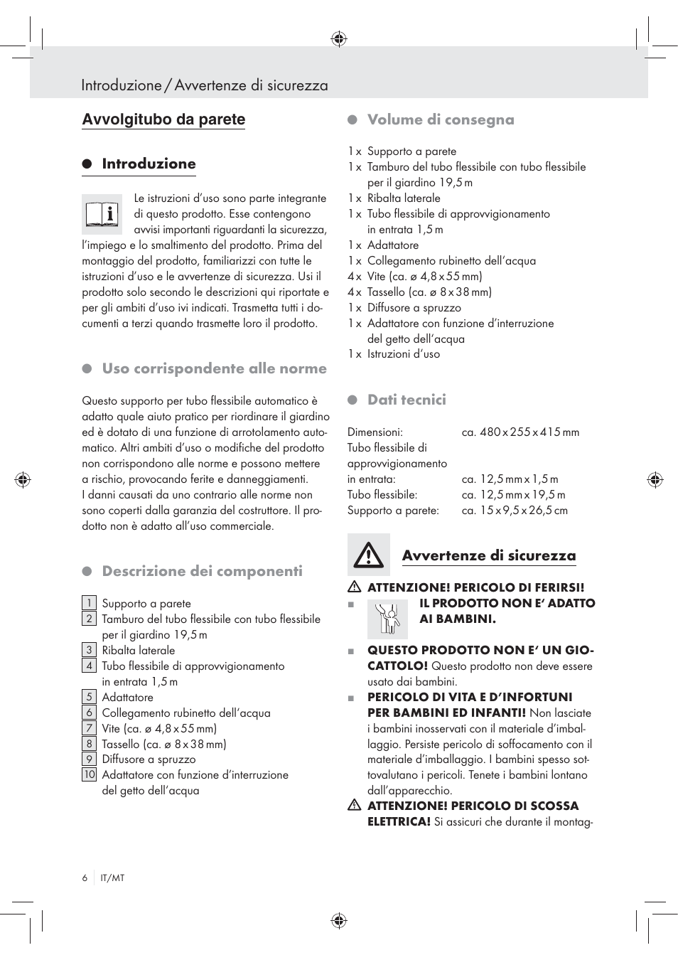 Introduzione / avvertenze di sicurezza, Vvolgitubo, Introduzione | Uso corrispondente alle norme, Descrizione dei componenti, Volume di consegna, Dati tecnici, Avvertenze di sicurezza | Florabest Wall-Mounted Hose Box User Manual | Page 4 / 19
