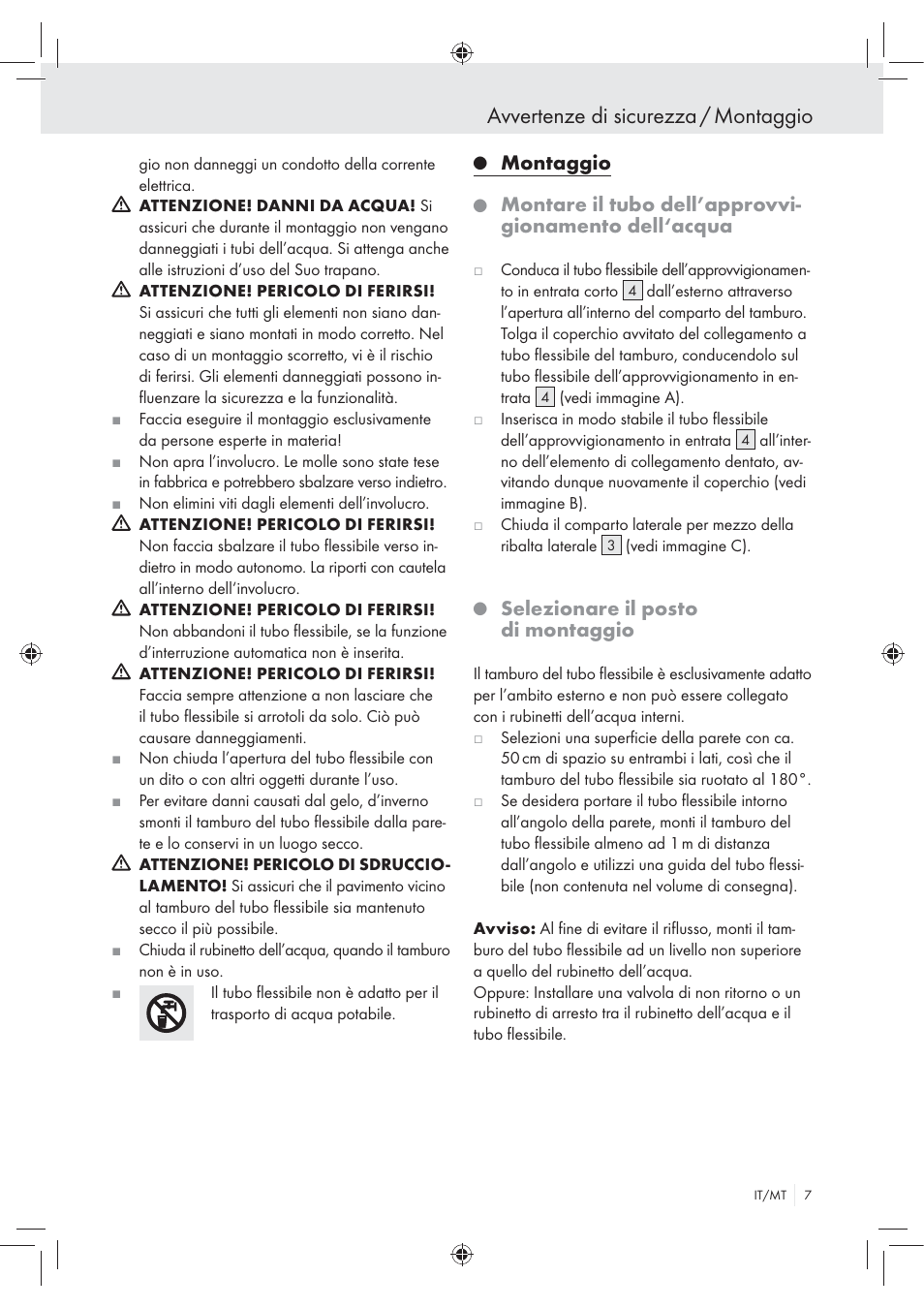 Avvertenze di sicurezza / montaggio, Montaggio, Selezionare il posto di montaggio | Florabest Wall-Mounted Hose Box User Manual | Page 5 / 19