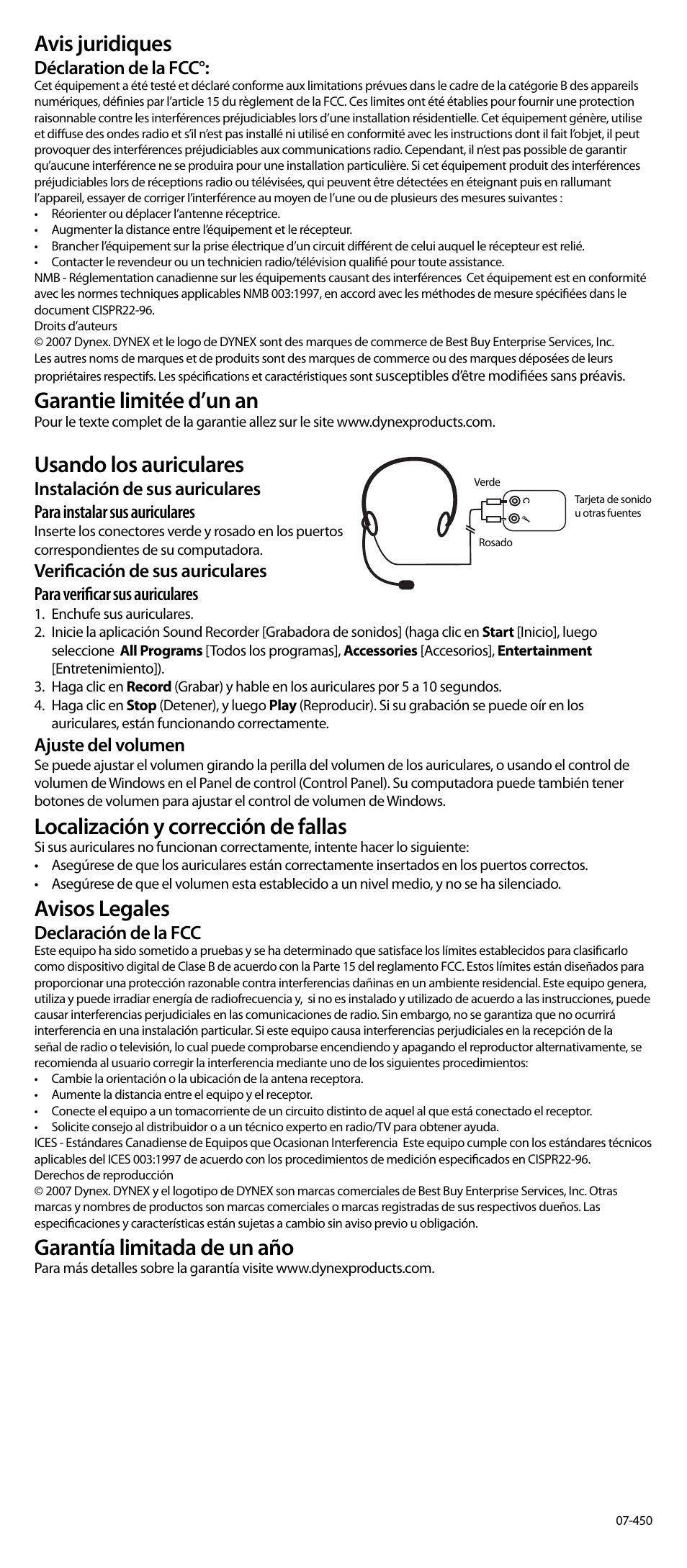 Avis juridiques, Garantie limitée d’un an, Usando los auriculares | Localización y corrección de fallas, Avisos legales, Garantía limitada de un año | Dynex DX-28 User Manual | Page 2 / 2