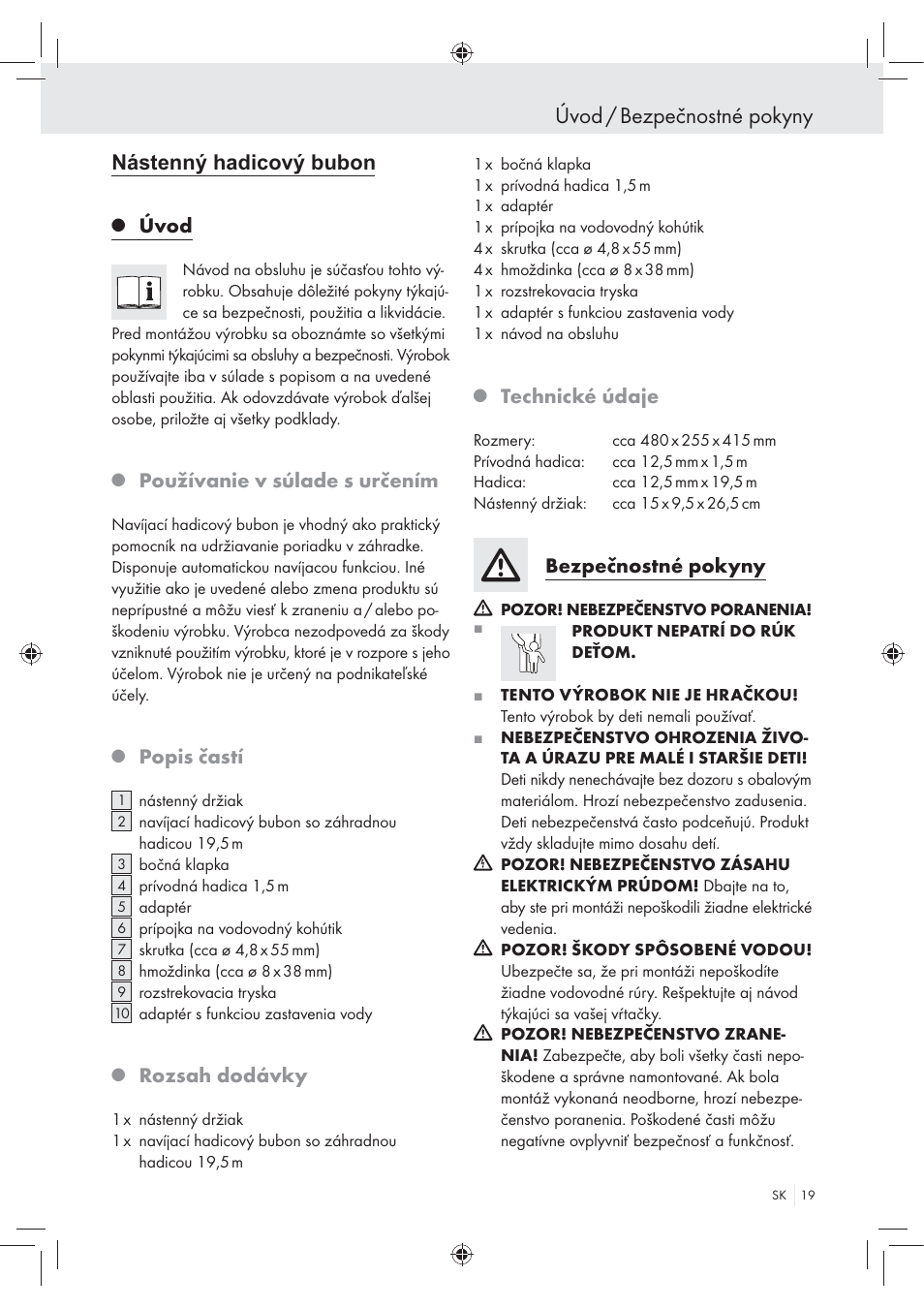 Úvod / bezpečnostné pokyny, Úvod, Používanie v súlade s určením | Popis častí, Rozsah dodávky, Technické údaje, Bezpečnostné pokyny, Nástenný hadicový bubon | Florabest Wall-Mounted Hose Box User Manual | Page 17 / 25