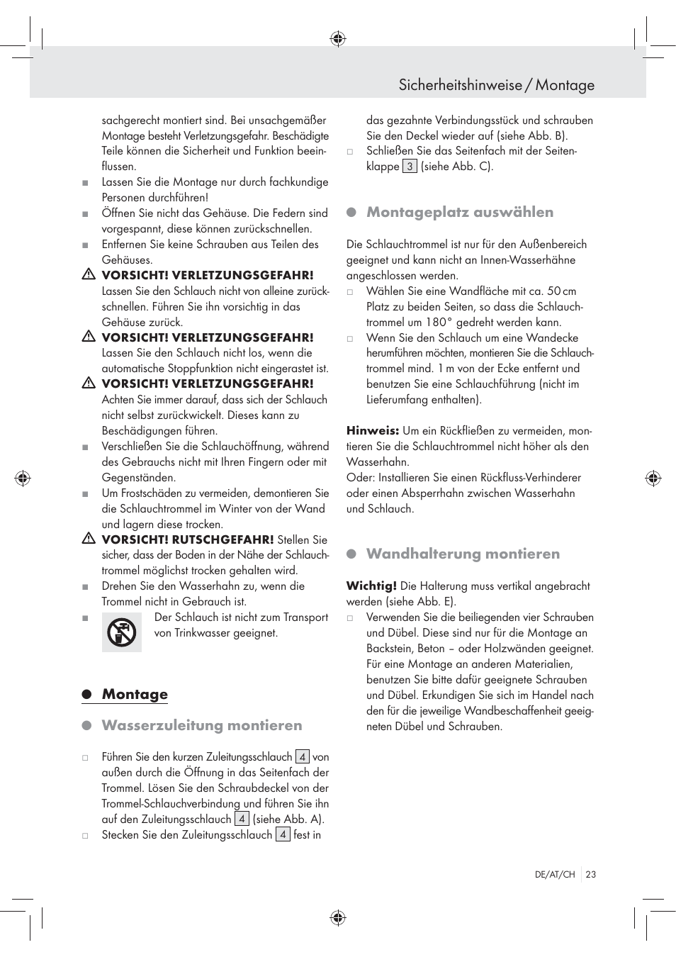 Sicherheitshinweise / montage, Montage, Wasserzuleitung montieren | Montageplatz auswählen, Wandhalterung montieren | Florabest Wall-Mounted Hose Box User Manual | Page 21 / 25