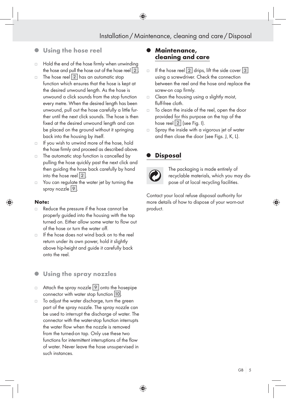 Using the hose reel, Using the spray nozzles, Maintenance, cleaning and care | Disposal | Florabest Wall-Mounted Hose Box User Manual | Page 3 / 25
