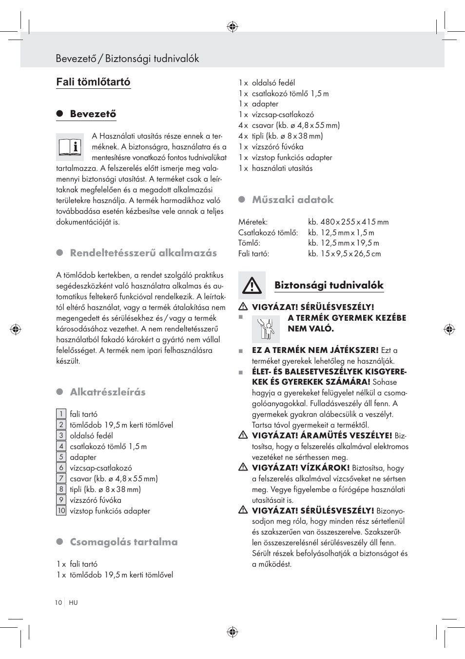 Bevezető / biztonsági tudnivalók, Bevezető, Rendeltetésszerű alkalmazás | Alkatrészleírás, Csomagolás tartalma, Műszaki adatok, Biztonsági tudnivalók | Florabest Wall-Mounted Hose Box User Manual | Page 8 / 25