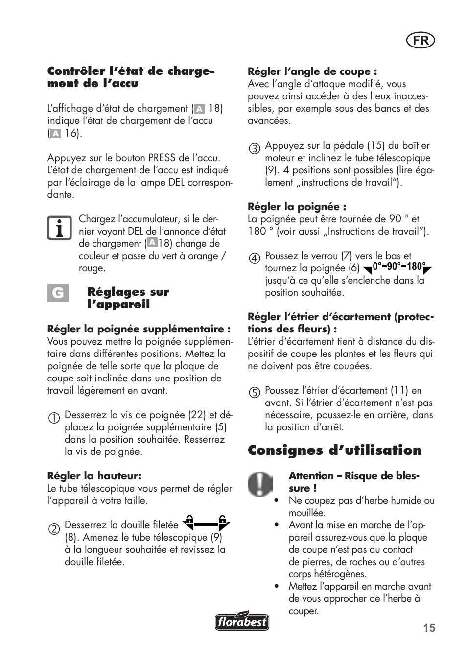 Consignes d’utilisation | Florabest FAT 18 B2 User Manual | Page 15 / 60