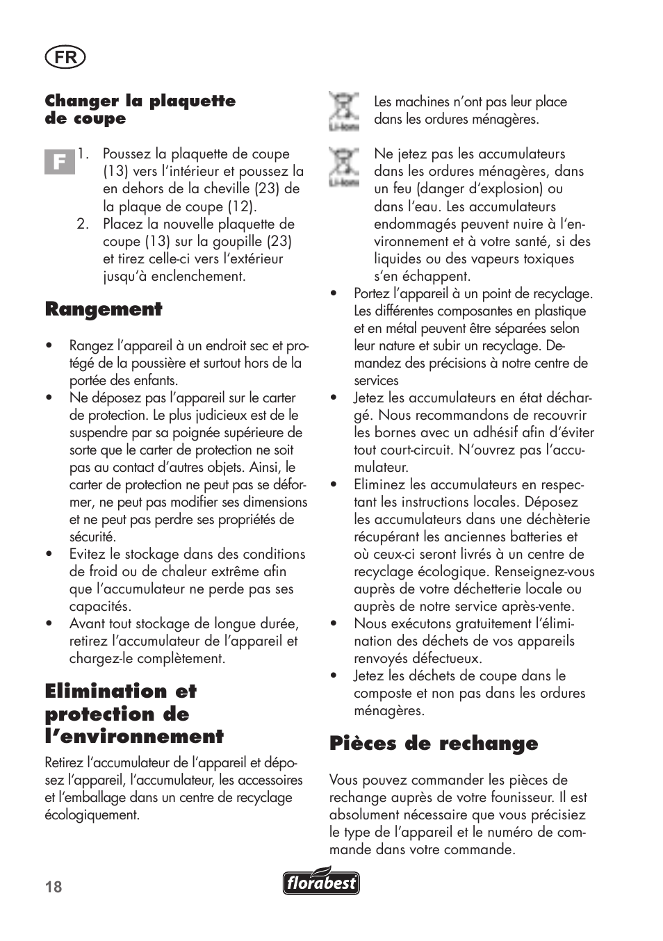 Rangement, Elimination et protection de l’environnement, Pièces de rechange | Florabest FAT 18 B2 User Manual | Page 18 / 60