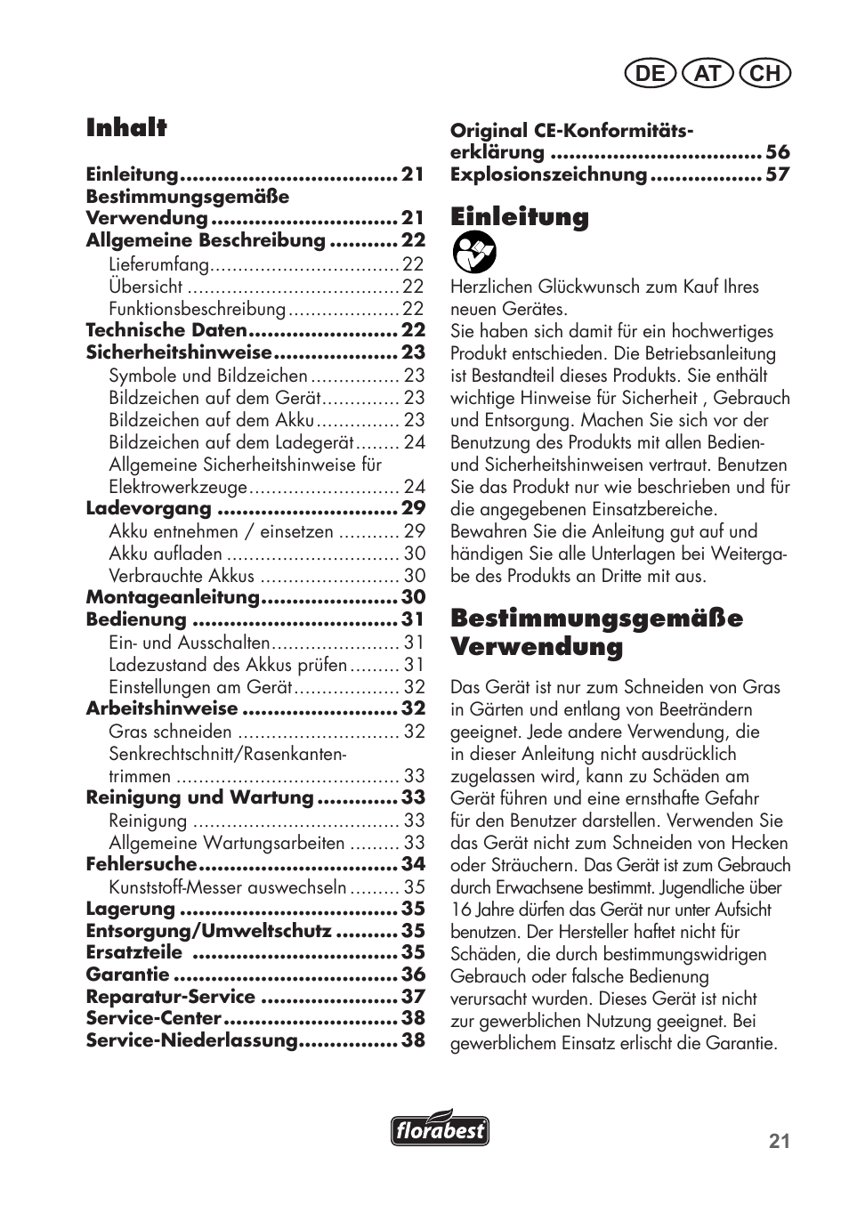 Inhalt, Einleitung, Bestimmungsgemäße verwendung | De at ch | Florabest FAT 18 B2 User Manual | Page 21 / 60