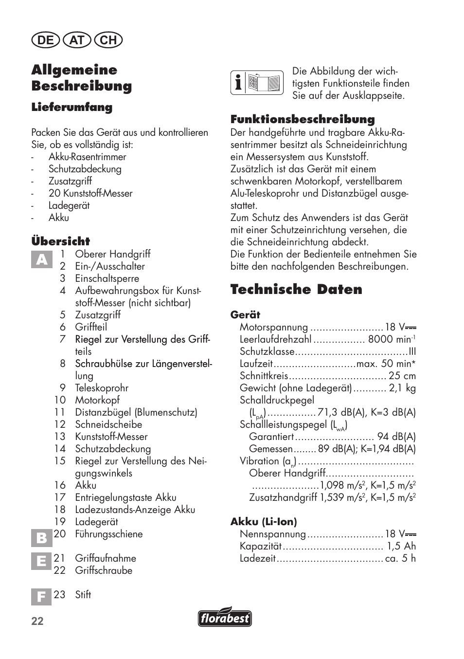 Allgemeine beschreibung, Technische daten, De at ch | Florabest FAT 18 B2 User Manual | Page 22 / 60