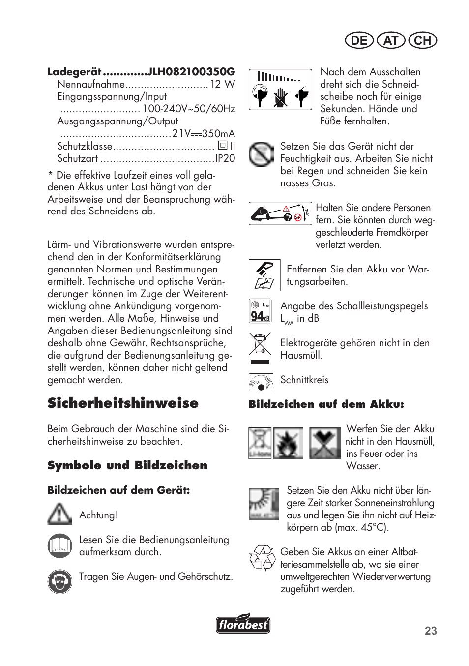 Sicherheitshinweise, De at ch | Florabest FAT 18 B2 User Manual | Page 23 / 60