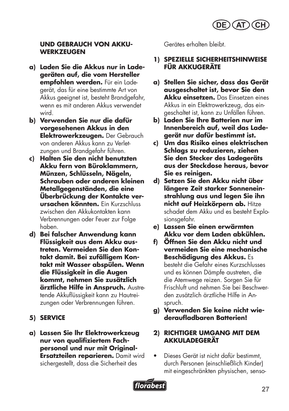 De at ch | Florabest FAT 18 B2 User Manual | Page 27 / 60