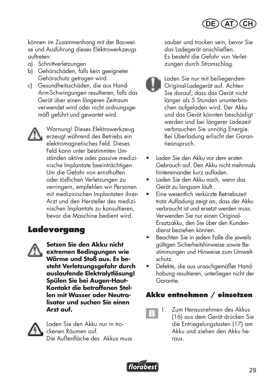 Ladevorgang, De at ch | Florabest FAT 18 B2 User Manual | Page 29 / 60