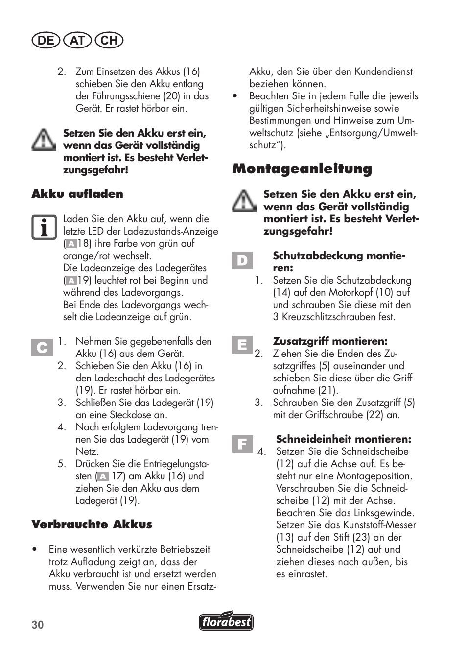 Montageanleitung, De at ch | Florabest FAT 18 B2 User Manual | Page 30 / 60