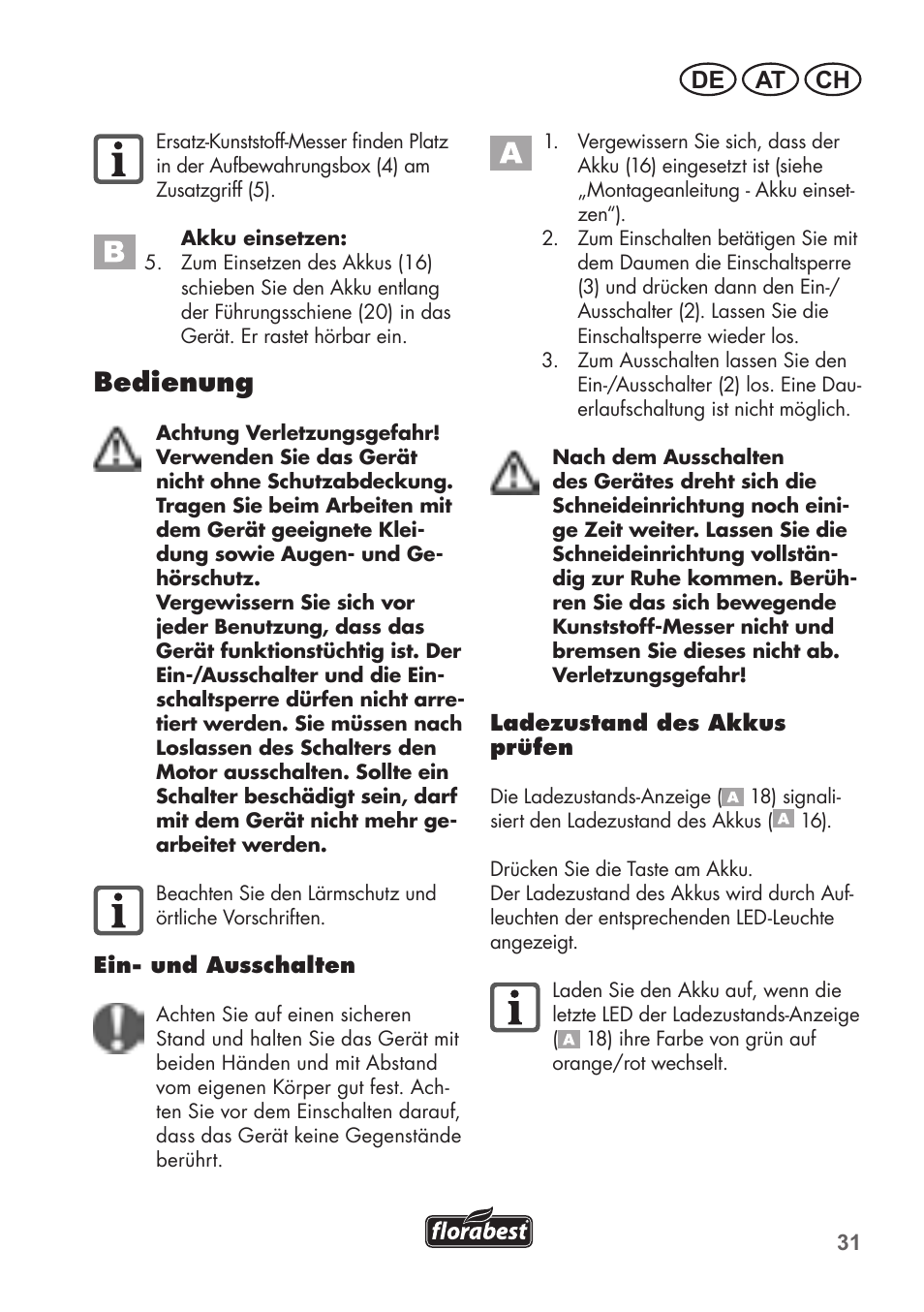 Bedienung, De at ch | Florabest FAT 18 B2 User Manual | Page 31 / 60