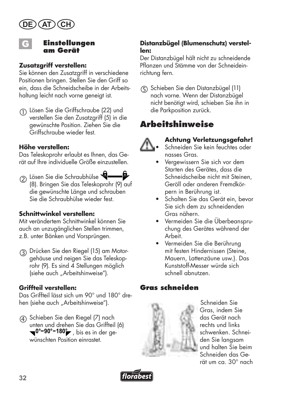 Arbeitshinweise, De at ch | Florabest FAT 18 B2 User Manual | Page 32 / 60