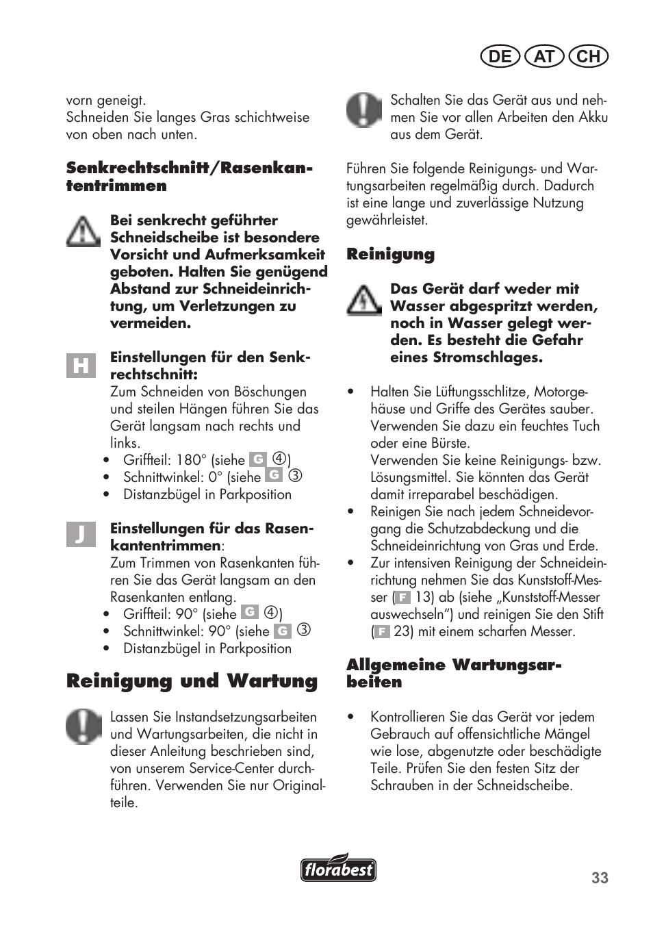 Reinigung und wartung, De at ch | Florabest FAT 18 B2 User Manual | Page 33 / 60