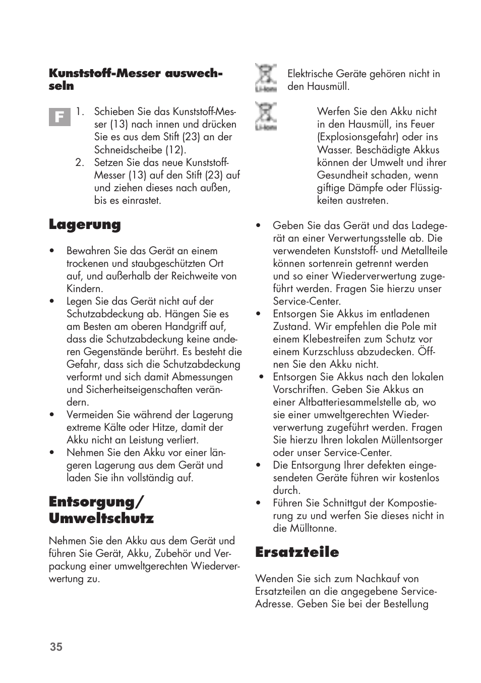 Lagerung, Entsorgung/ umweltschutz, Ersatzteile | Florabest FAT 18 B2 User Manual | Page 35 / 60