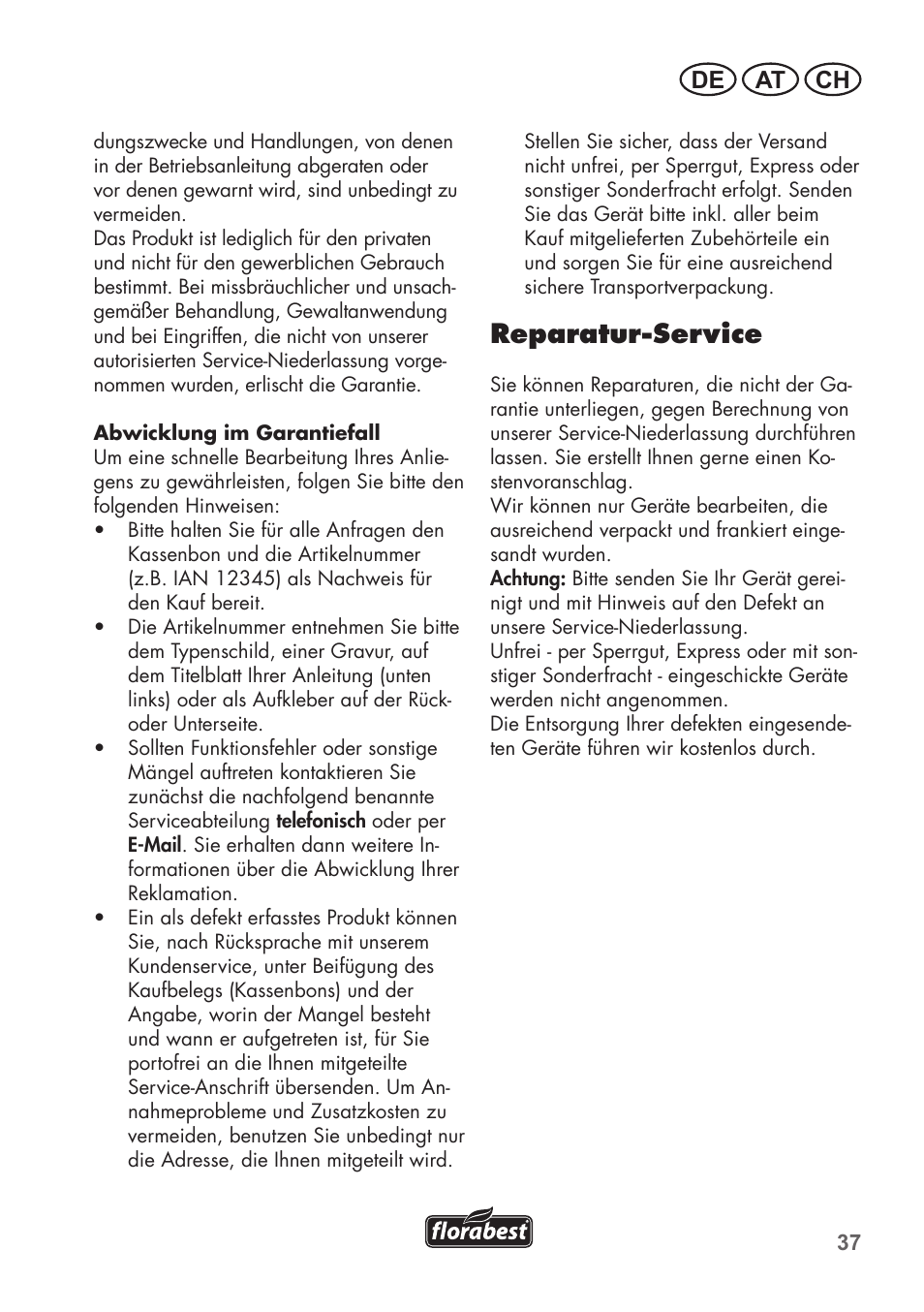 Reparatur-service, De at ch | Florabest FAT 18 B2 User Manual | Page 37 / 60