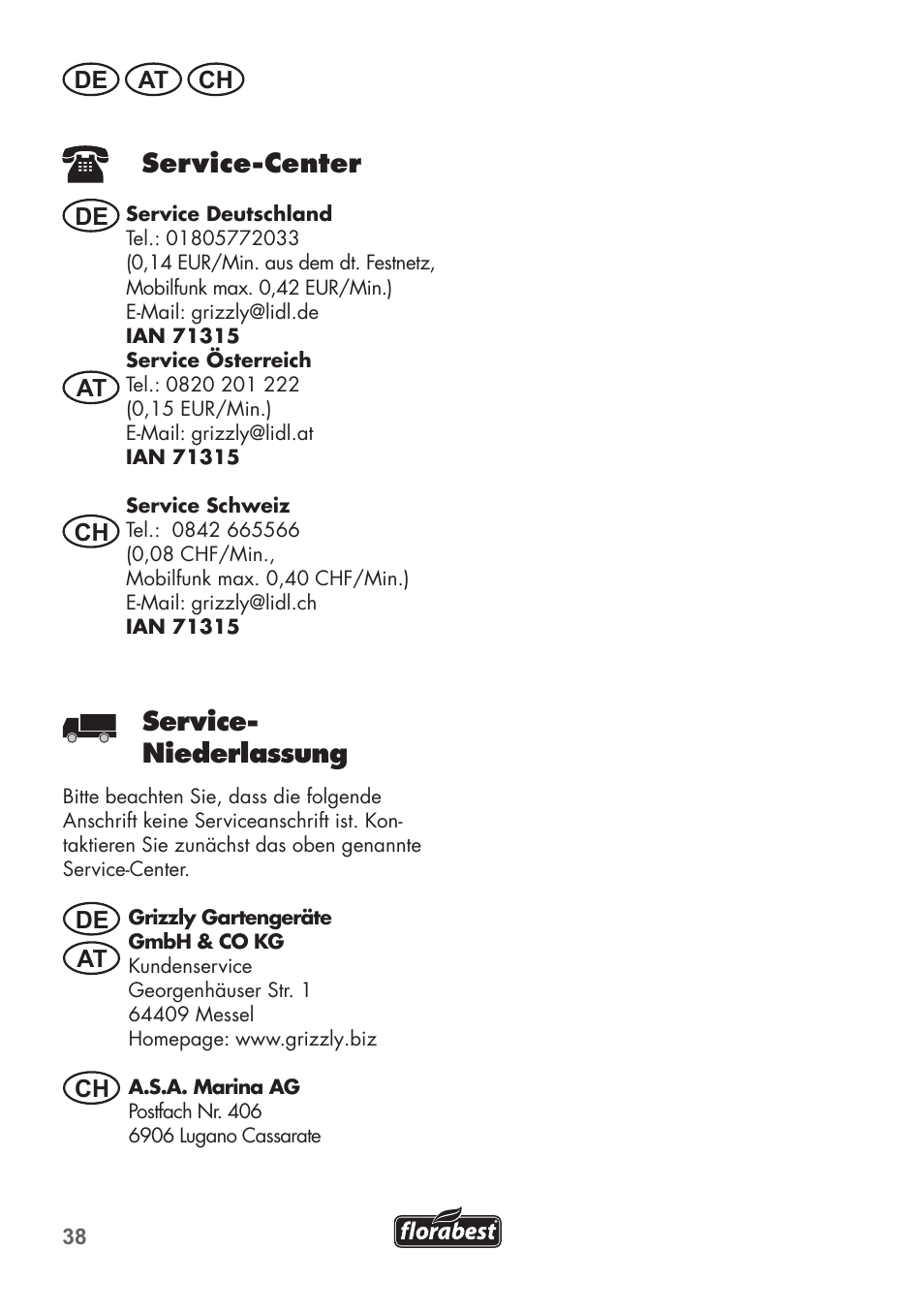 Service-center, Service- niederlassung | Florabest FAT 18 B2 User Manual | Page 38 / 60