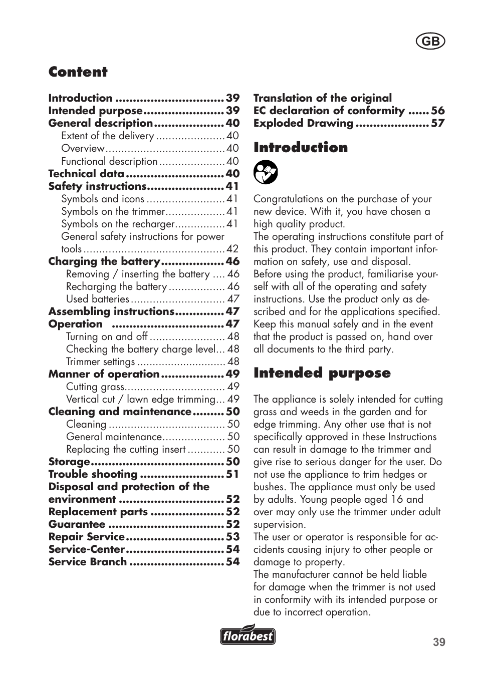 Content, Introduction, Intended purpose | Florabest FAT 18 B2 User Manual | Page 39 / 60