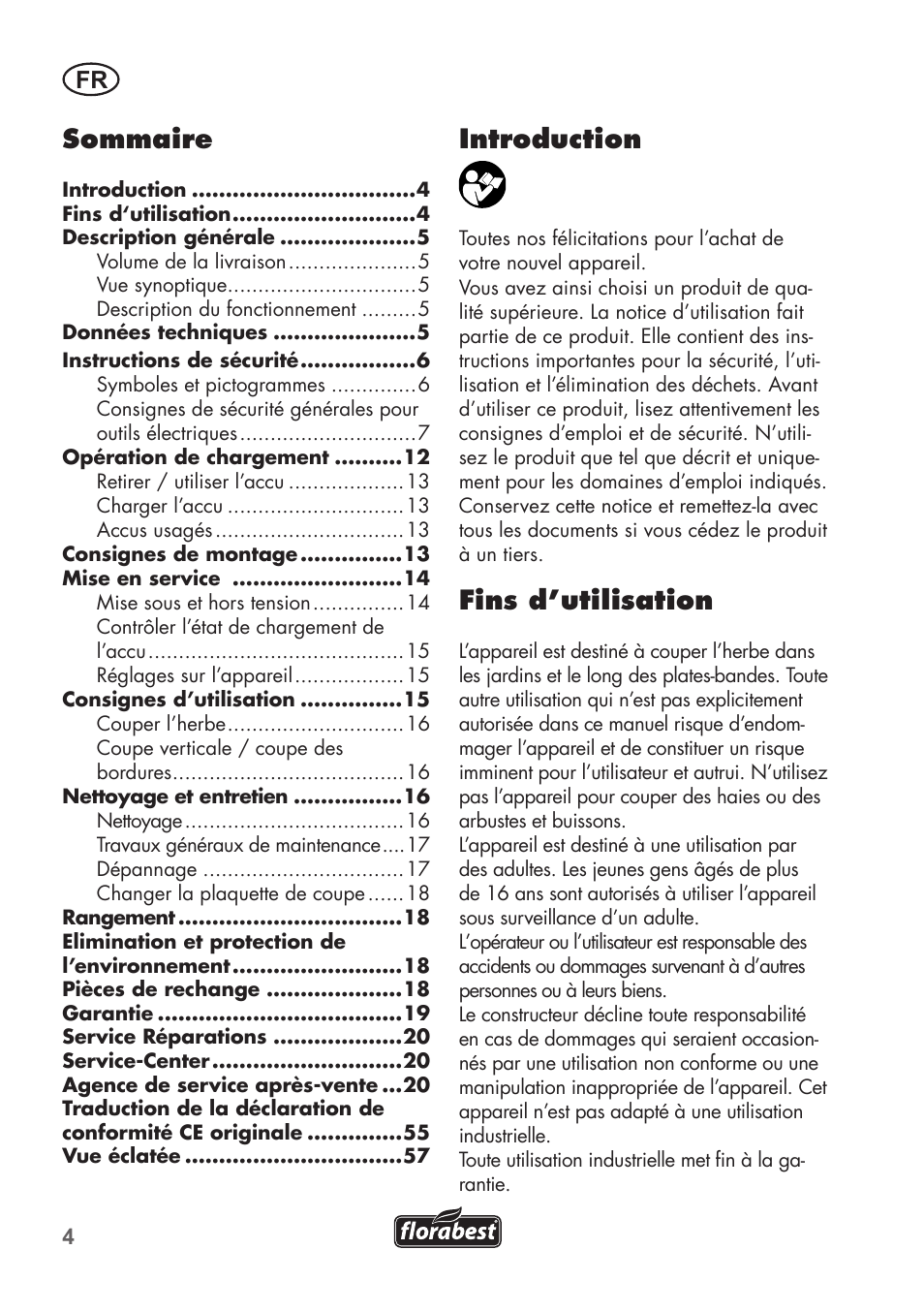 Sommaire, Introduction, Fins d’utilisation | Florabest FAT 18 B2 User Manual | Page 4 / 60