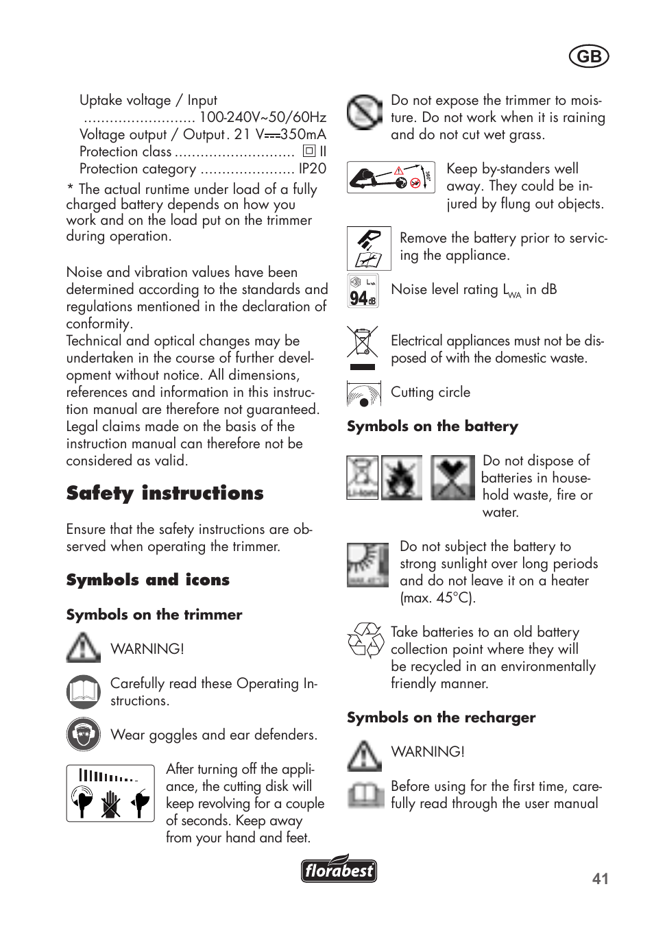 Safety instructions | Florabest FAT 18 B2 User Manual | Page 41 / 60