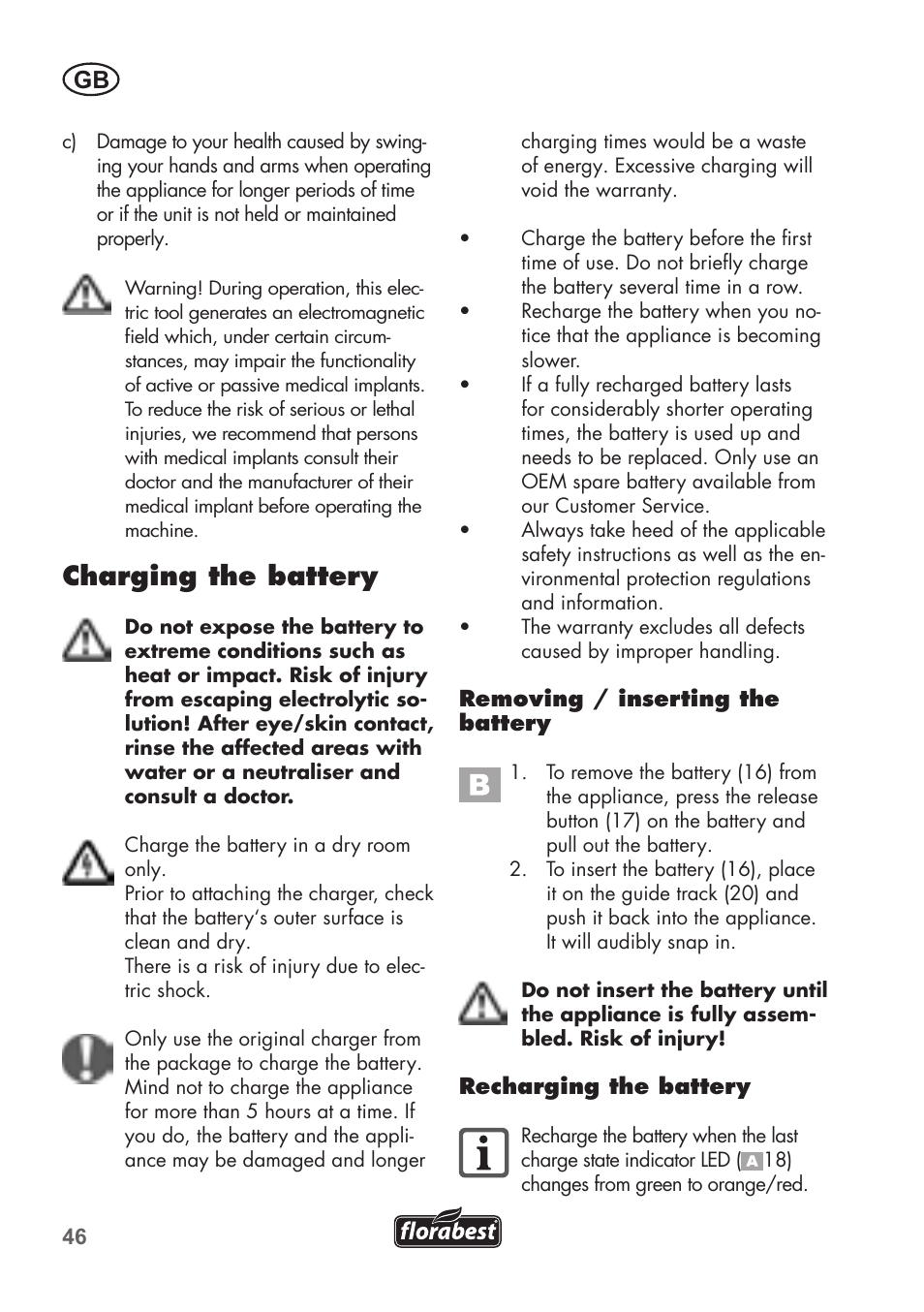 Charging the battery | Florabest FAT 18 B2 User Manual | Page 46 / 60