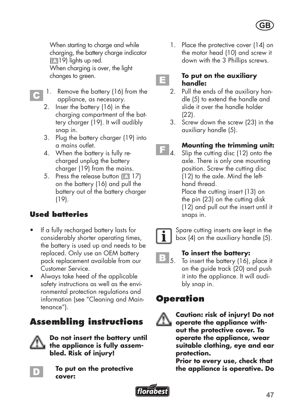 Assembling instructions, Operation | Florabest FAT 18 B2 User Manual | Page 47 / 60