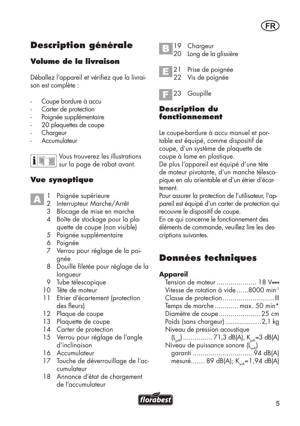 Description générale, Données techniques | Florabest FAT 18 B2 User Manual | Page 5 / 60