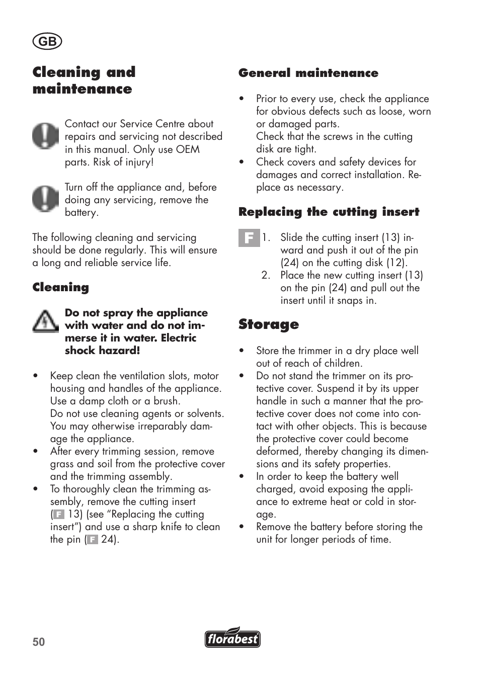 Cleaning and maintenance, Storage | Florabest FAT 18 B2 User Manual | Page 50 / 60