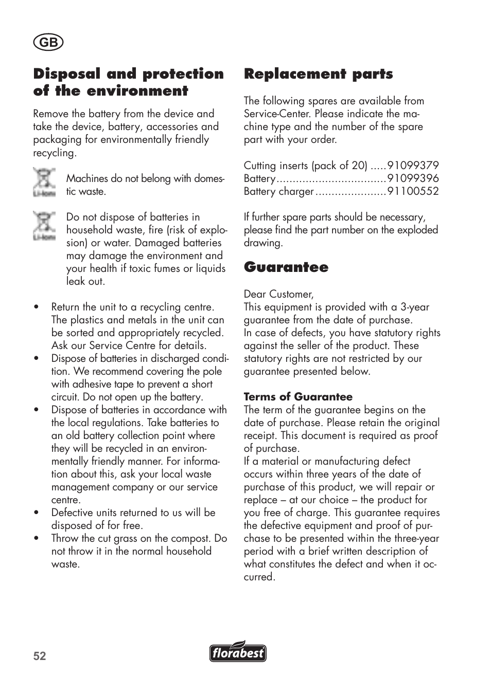 Disposal and protection of the environment, Replacement parts, Guarantee | Florabest FAT 18 B2 User Manual | Page 52 / 60