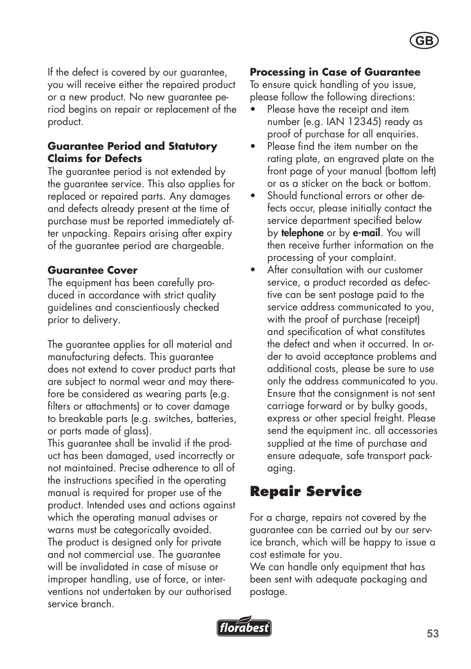 Repair service | Florabest FAT 18 B2 User Manual | Page 53 / 60