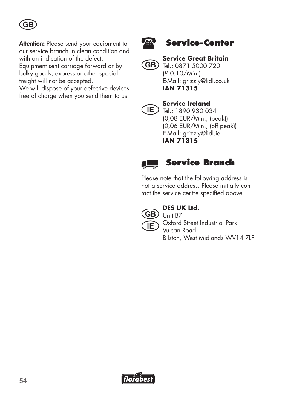 Service-center, Service branch, Gb ie ie | Florabest FAT 18 B2 User Manual | Page 54 / 60