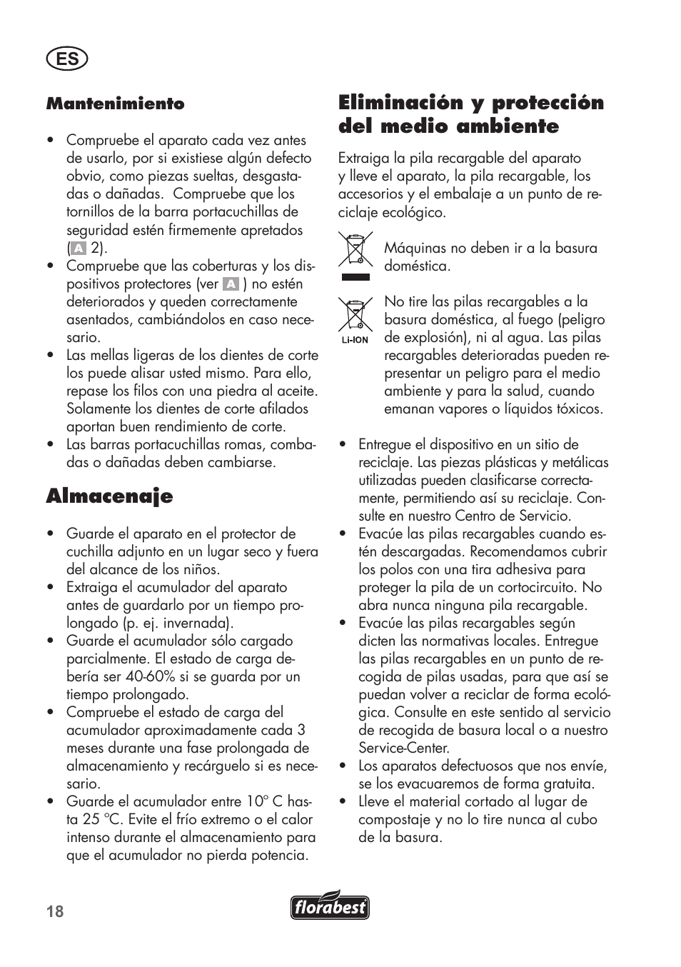 Almacenaje, Eliminación y protección del medio ambiente | Florabest FAH 18 B2 User Manual | Page 18 / 58