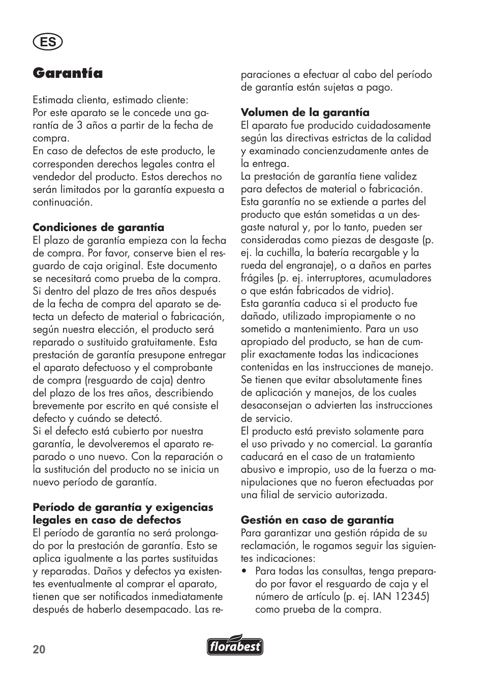 Garantía | Florabest FAH 18 B2 User Manual | Page 20 / 58
