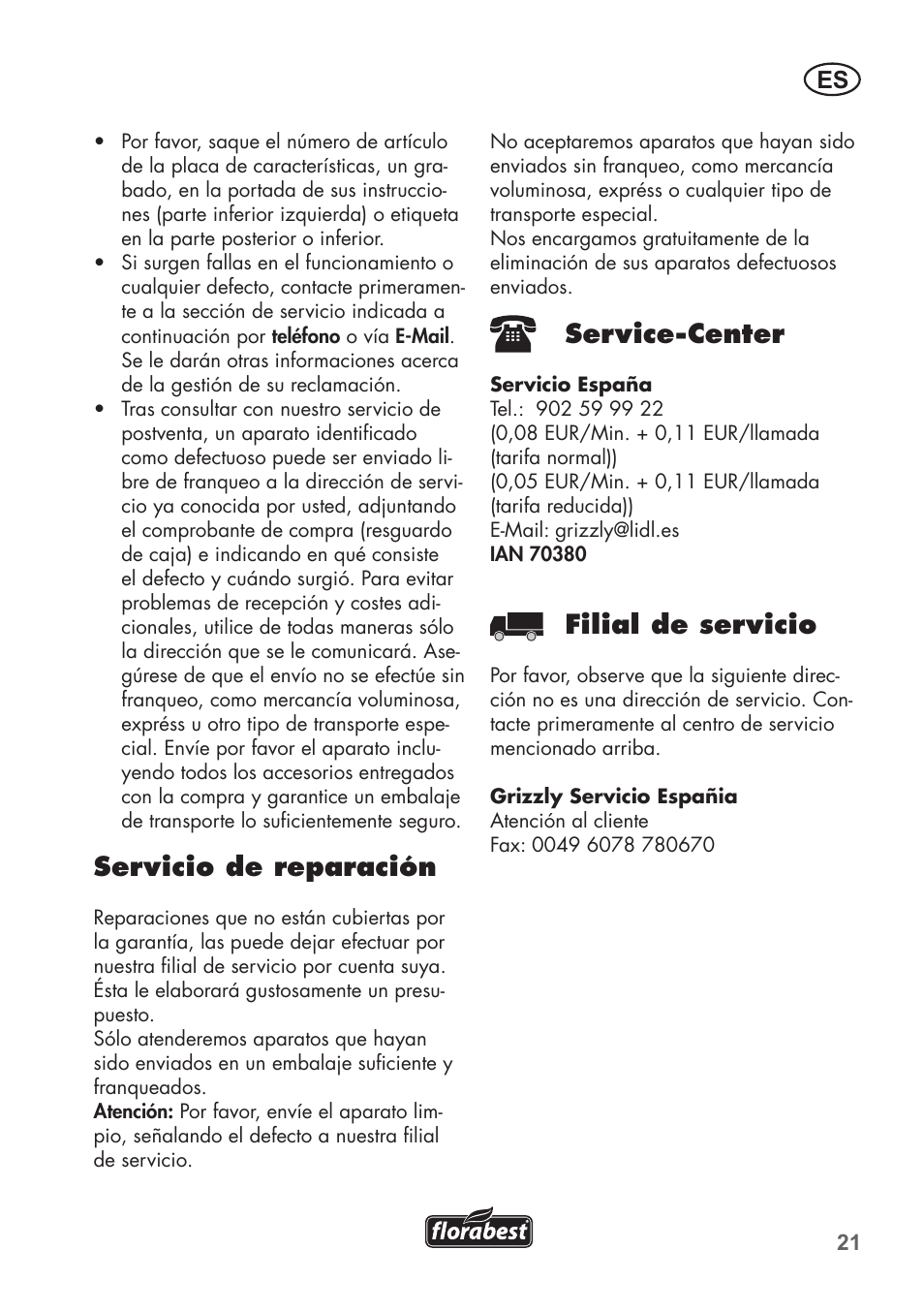 Servicio de reparación, Service-center, Filial de servicio | Florabest FAH 18 B2 User Manual | Page 21 / 58