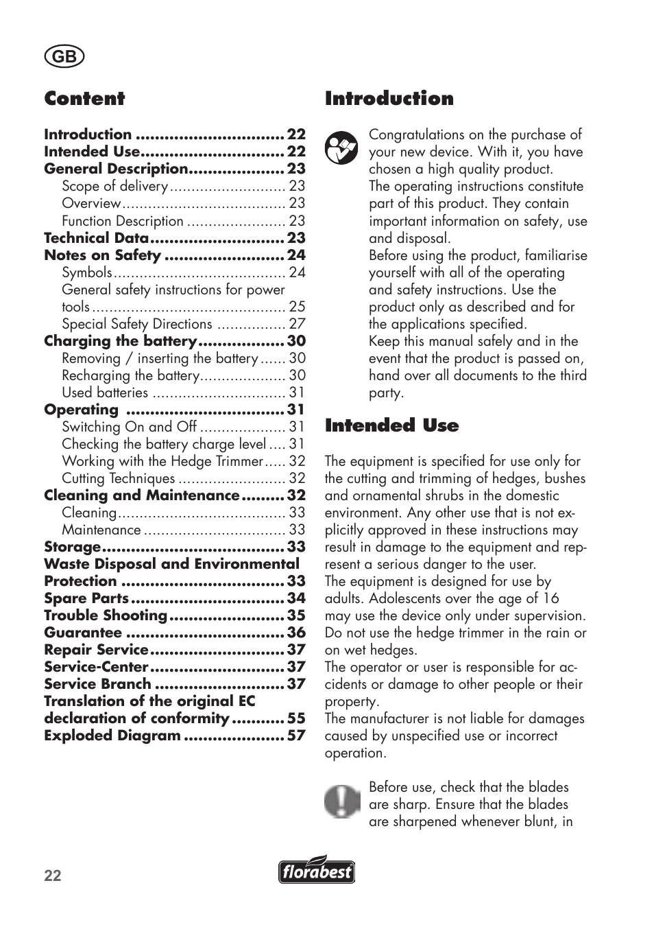 Content, Introduction, Intended use | Florabest FAH 18 B2 User Manual | Page 22 / 58