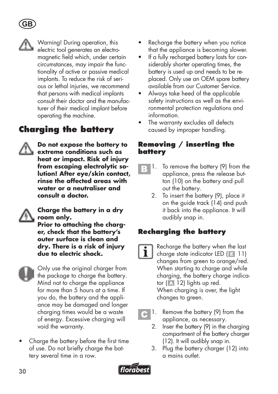 Charging the battery | Florabest FAH 18 B2 User Manual | Page 30 / 58
