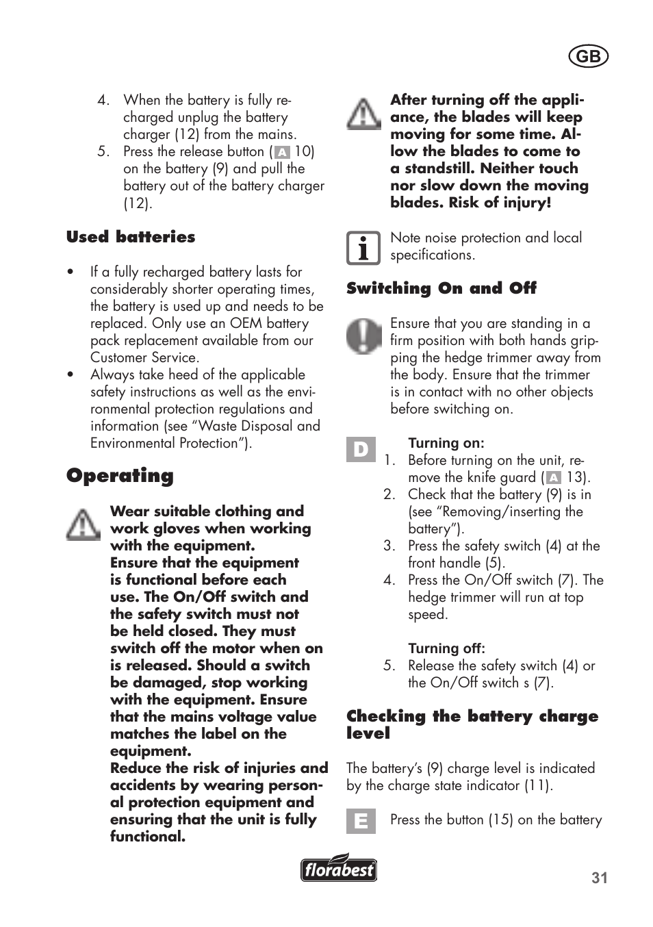 Operating | Florabest FAH 18 B2 User Manual | Page 31 / 58