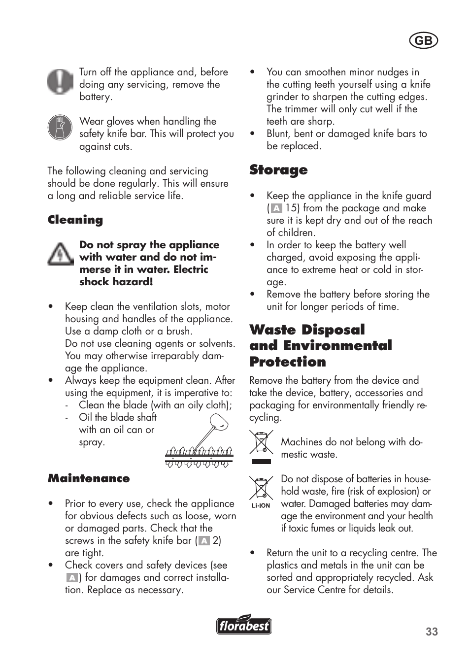 Storage, Waste disposal and environmental protection | Florabest FAH 18 B2 User Manual | Page 33 / 58