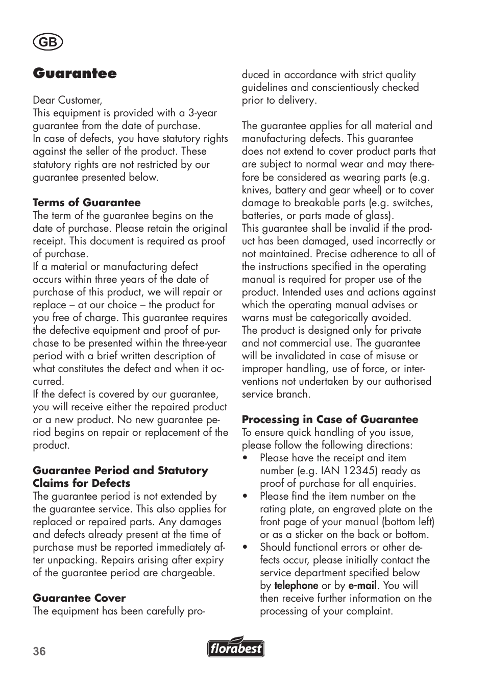 Guarantee | Florabest FAH 18 B2 User Manual | Page 36 / 58