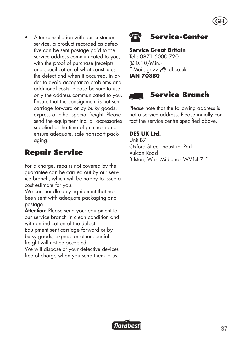 Service-center, Service branch, Repair service | Florabest FAH 18 B2 User Manual | Page 37 / 58