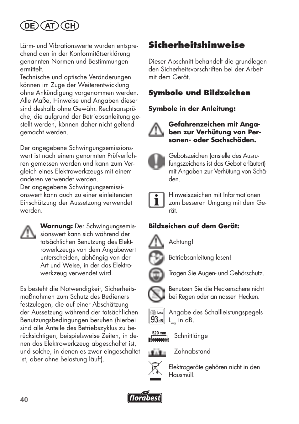 Sicherheitshinweise, De at ch | Florabest FAH 18 B2 User Manual | Page 40 / 58