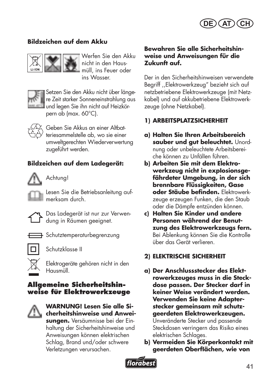 De at ch | Florabest FAH 18 B2 User Manual | Page 41 / 58