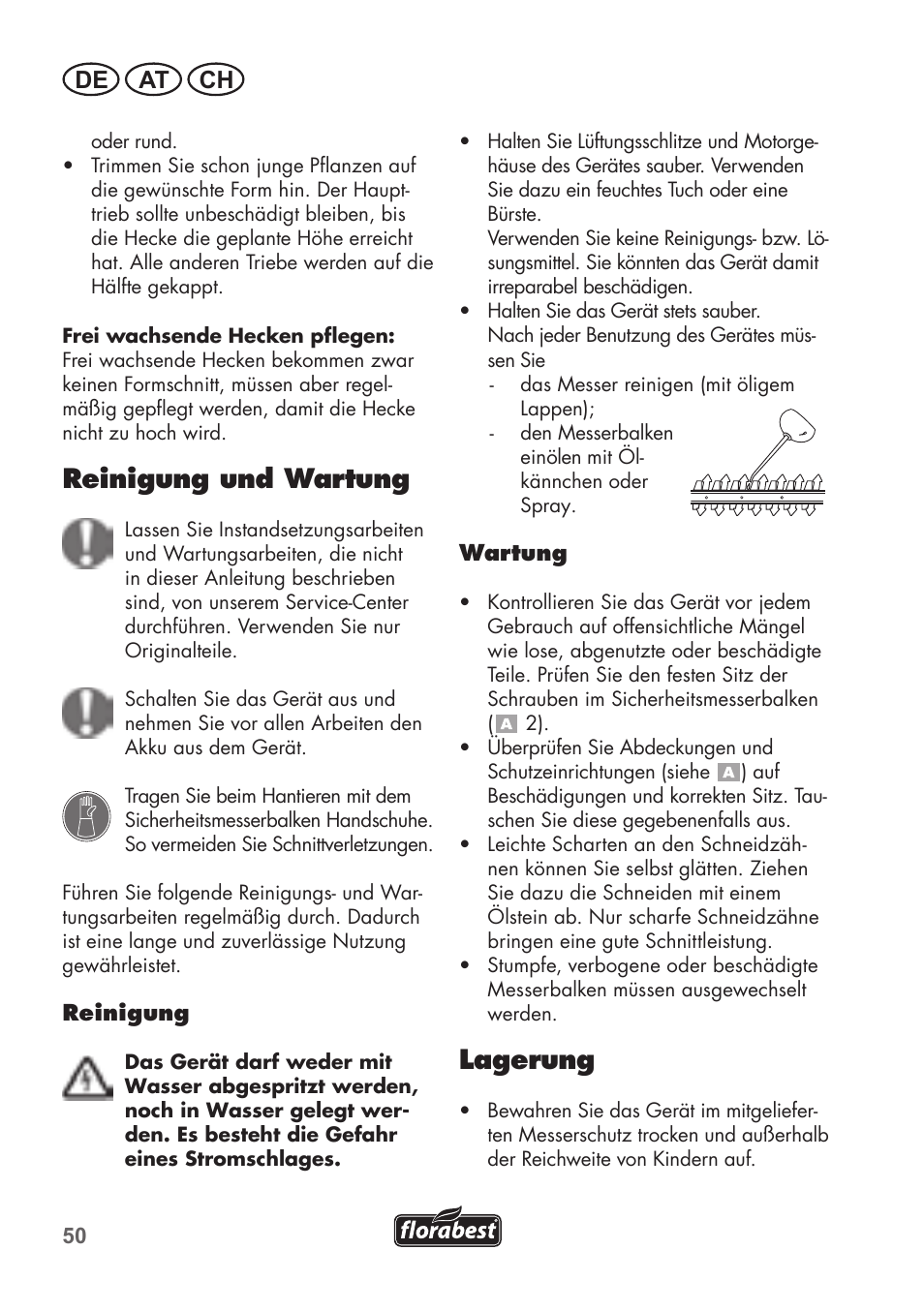 Reinigung und wartung, Lagerung, De at ch | Florabest FAH 18 B2 User Manual | Page 50 / 58