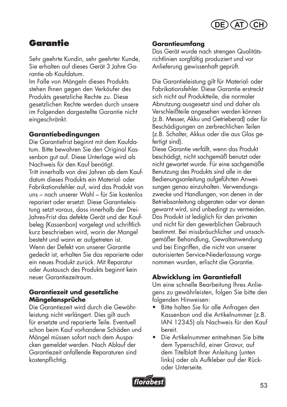 Garantie, De at ch | Florabest FAH 18 B2 User Manual | Page 53 / 58